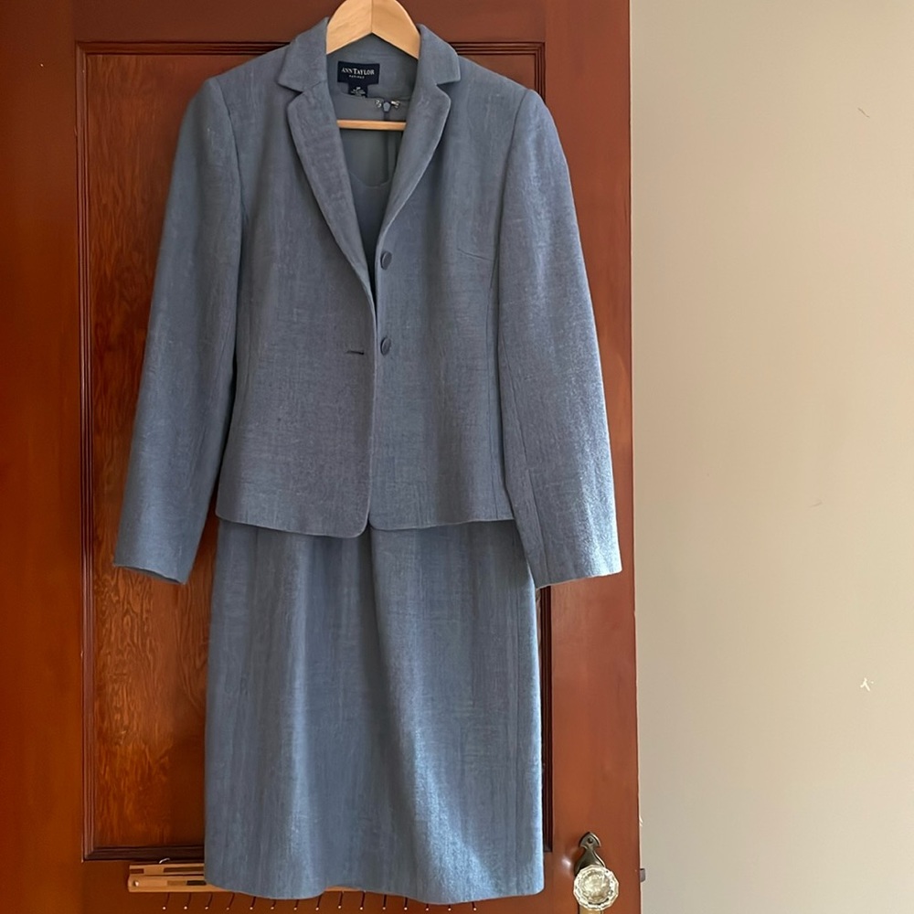 Ann Taylor blue herringbone wool cashmere sheath dress and blazer jacket / suit